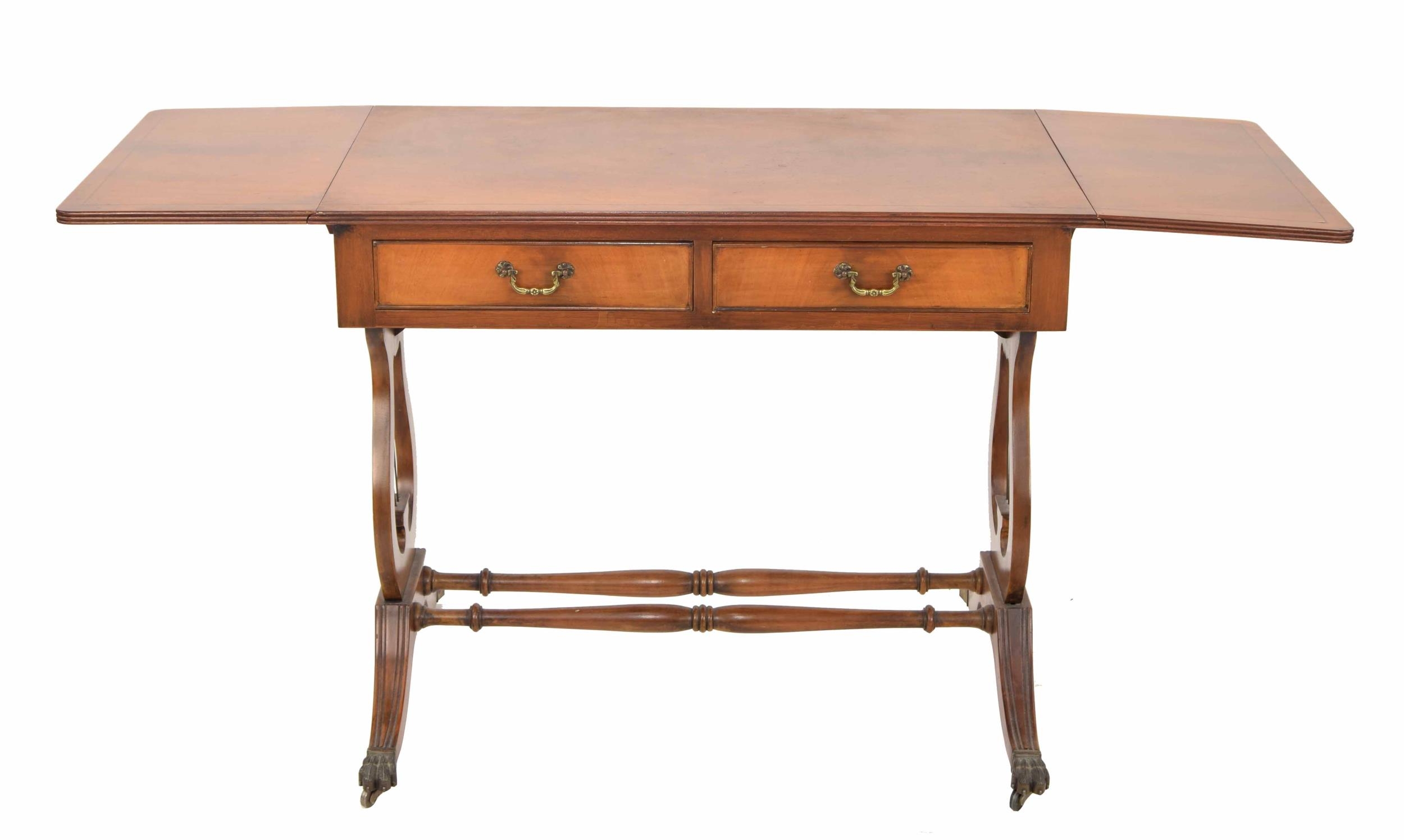 George III style reproduction mahogany sofa table, the drop leaf top over two short drawers raised