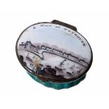 Late 18th/early 19th century Staffordshire enamel patch box, the hinged cover with coastal scene