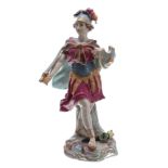 Porcelain figure of a Roman soldier in the manner of Meissen, with sword and shield, wearing a plum