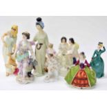Group of decorative porcelain figures; Thuringia porcelain figure of a lady in a ballgown, 7.5"