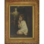 After Sir Joshua Reynolds (19th century) - a child praying amongst trees, oil on canvas, partially