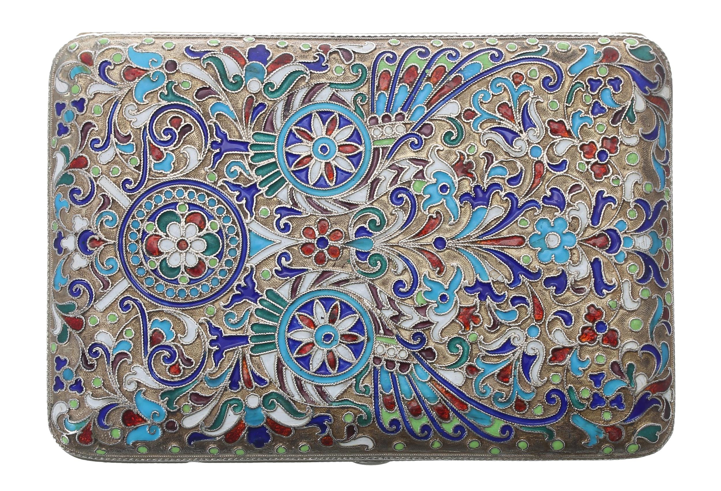 Russian silver and cloisonné cigarette case, with dense scrolling foliate and stylised floral
