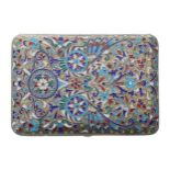 Russian silver and cloisonné cigarette case, with dense scrolling foliate and stylised floral