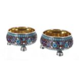 Pair of Russian silver and cloisonné open salt cellars, decorated with scrolling foliate and