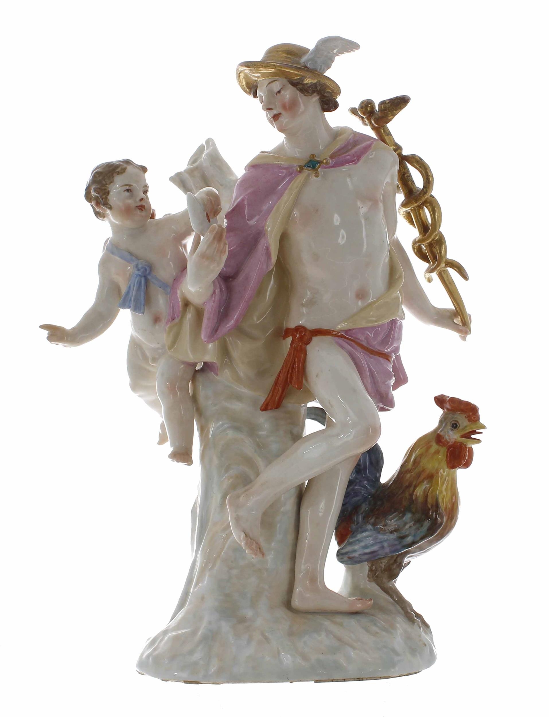 19th century German porcelain figural group spill vase modelled as Hermes taking an envelope from