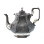 Early Victorian silver teapot of hexagonal form, with engraved geometric panels, maker Charles Reily