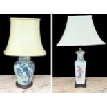 Modern Chinese blue and white table lamp with shade, in the form of a temple jar, 26.25" high