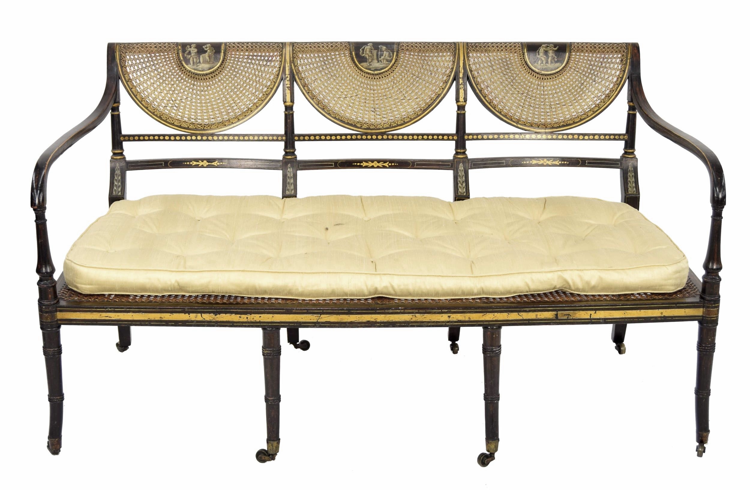 Regency painted simulated rosewood and parcel gilt salon settee, the triple scallop bergére back - Image 3 of 3