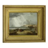 English School (19th century) - a coastal scene at low tide with figures seated in the foreground,