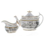 Spode early 19th century bat printed porcelain teapot and cream jug; together with similar pattern