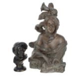 Art Nouveau spelter figural bust of a lady with iris flowers in her hair and hands, cast leaning