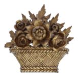19th century gilt wood carving of a basket of flowers, 13" wide, 13" high