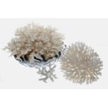 Three coral specimen pieces, largest 14" diameter approx; also a modern 'sea weed' metal bowl (3)