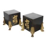 Pair of early 19th century parcel gilt and patinated bronze square stands, possibly French or