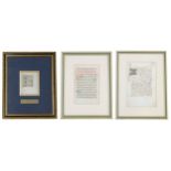 Three interesting framed illuminated manuscript pages, within double glazed frames, one with a title