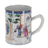 Chinese export famille rose porcelain tankard, painted with scenes of figures in typical palette