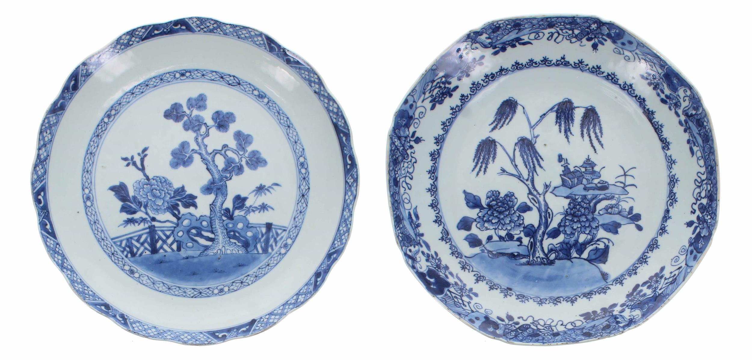 Pair of Chinese export blue and white porcelain circular plates, decorated with boats in a landscape - Image 2 of 4