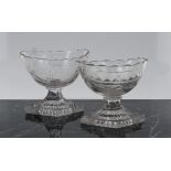 Matched pair of Georgian boat shaped pedestal cut-glass salts cellars, 3.5" high, 3.75" wide