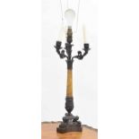 French cast bronze and giallo antico marble candelabra, converted to electricity, with three