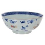 Chinese circular footed porcelain bowl, with underglaze blue floral decoration and inner rim