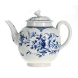 Worcester first period blue and white porcelain teapot, the cover with moulded flower finial,