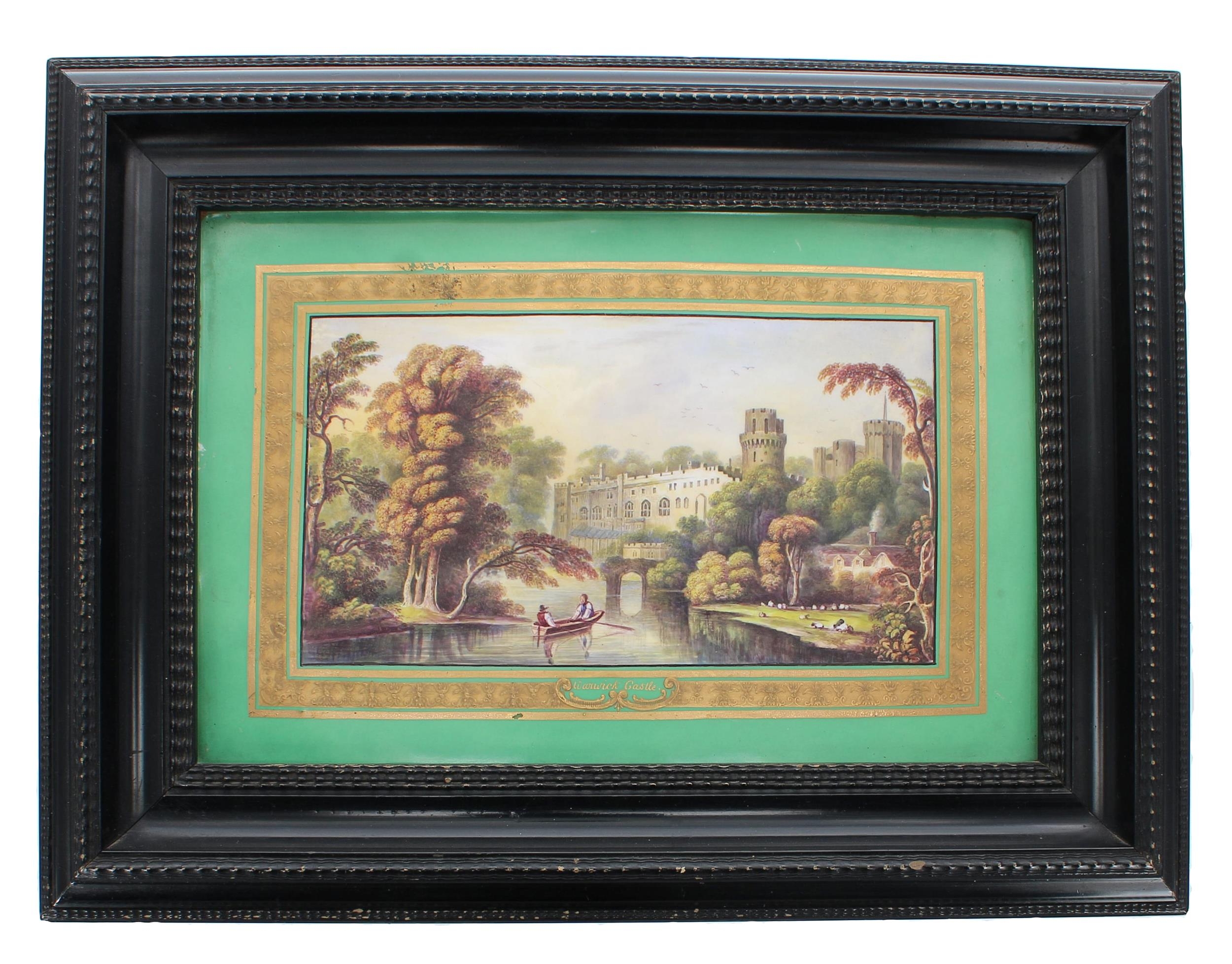 19th century English porcelain tray mounted within an ebonised frame, decorated with a title view of