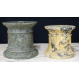 Two polished marble cylindrical plinths including a giallo antico example, the largest 7"