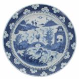 Chinese blue and white porcelain circular plate, depicting figures working in landscapes within a