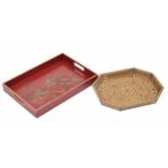 Japanese red lacquered chinoiserie gallery tray depicting figures in landscapes, 20" wide;