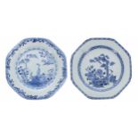Two Chinese export Nanking blue and white porcelain plates, of octagonal form decorated with various