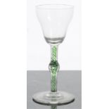 Antique cordial glass, the bell-shaped bowl upon an alternate opaque and green twist knop stem and