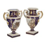 Fine pair of Derby (Bloor) blue-ground and gilt twin handled porcelain urns painted with titled