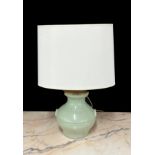 Chinese celadon glaze ovoid twin-handle vase converted to a table lamp, with integral moulded