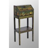 Good small 18th century green chinoiserie lacquered miniature bureau on stand, decorated with garden