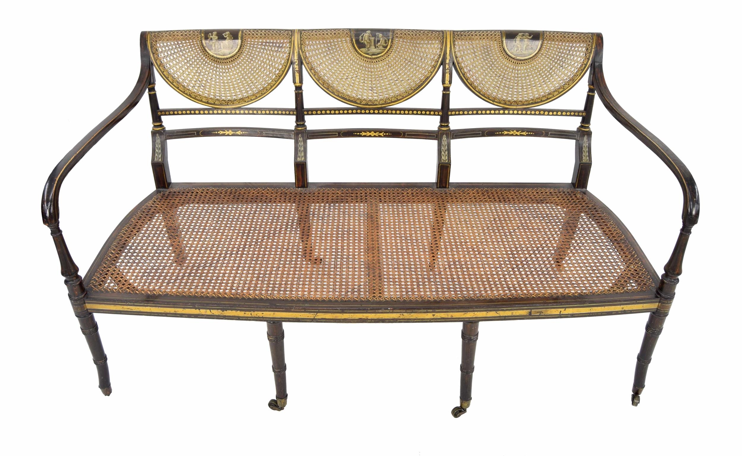 Regency painted simulated rosewood and parcel gilt salon settee, the triple scallop bergére back - Image 2 of 3
