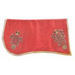 Household Cavalry Life Guards red saddle cloth, with gilt and silvered thread border and applied