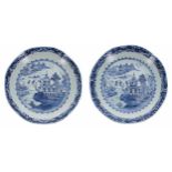 Two Chinese export octagonal lobed blue and white porcelain dishes, each decorated with trees and