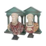 Pair of decorative faux marble cast resin bust statues after the Antique, depicting Caligula and
