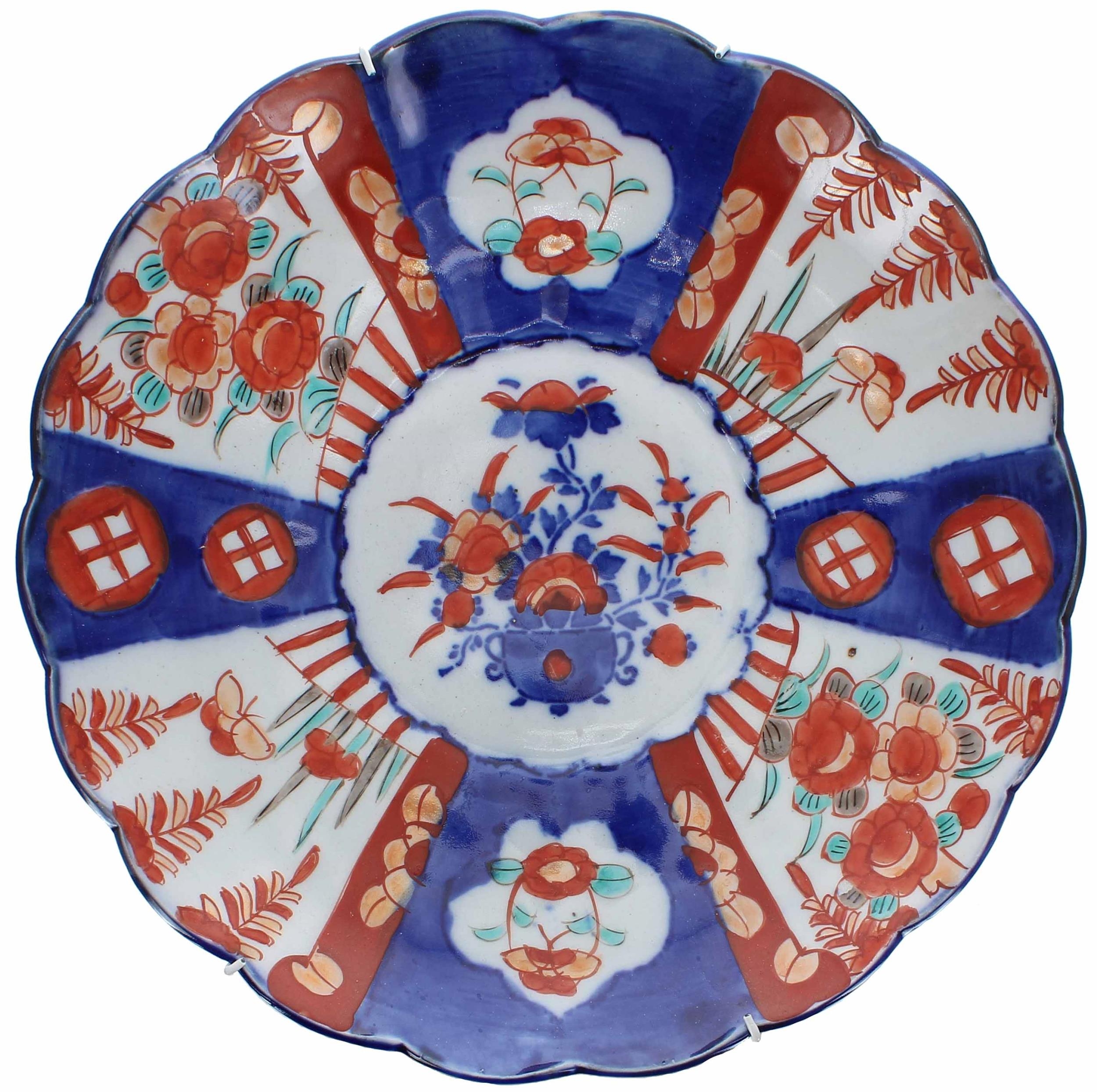 Three similar Japanese Imari fluted porcelain wall chargers, each with foliate designs in typical - Image 2 of 6