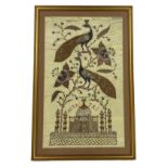 Indian 'Agra Taj' gilt thread embroidered silkwork picture, of two peacocks over an aspect of The