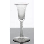 Georgian cordial glass, the bell-shaped bowl with an etched crest and opposing foliate spray, upon