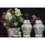 Pair of India Jane baluster jars with covers, monochrome decorated with Chinese Willow tree and