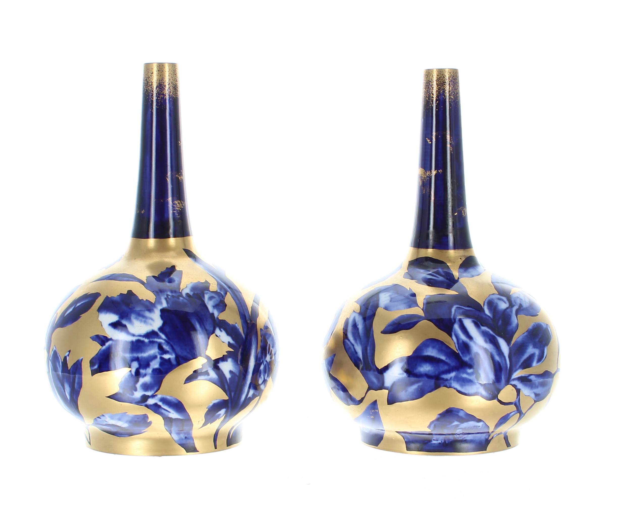 Pair of Thomas Forrester Pheonix Ware pottery bottle vases, overall with gilded decoration on a blue