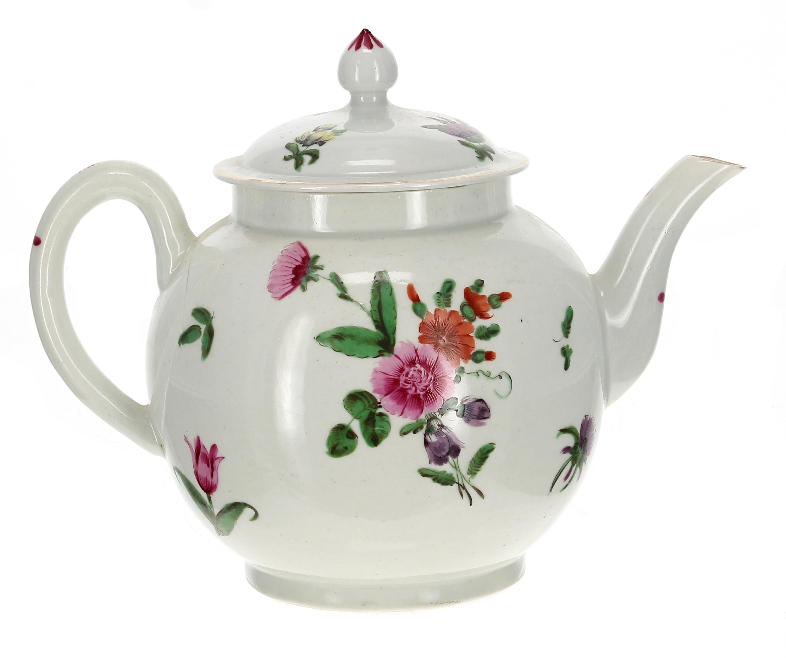 Late 18th century English porcelain teapot and cover, possibly Newhall, painted with flower - Image 3 of 6