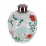 Chinese famille verte porcelain ginger jar with a repoussé white metal cover, painted with