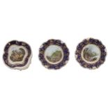 Pair of 19th century Bloor Derby porcelain dessert plates and a leaf shaped dish, each finely