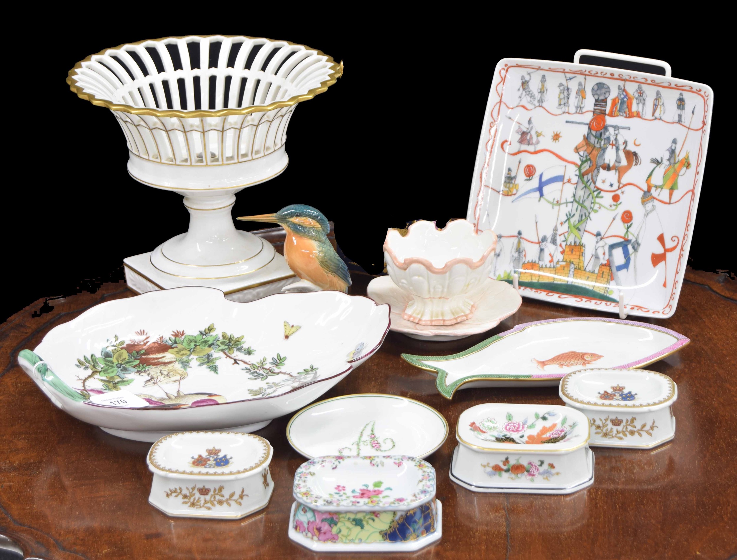 Mixed group of decorative pottery and porcelain including a Karl Ens kingfisher figure, Alegre