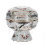 Chinese porcelain pedestal stem bowl and cover, decorated with with figures in fenced gardens,