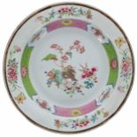 Large Chinese export famille rose porcelain circular shallow bowl, painted centrally with flowers