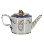 Chinese export armorial porcelain teapot and cover, of cylindrical form with a strawberry finial,